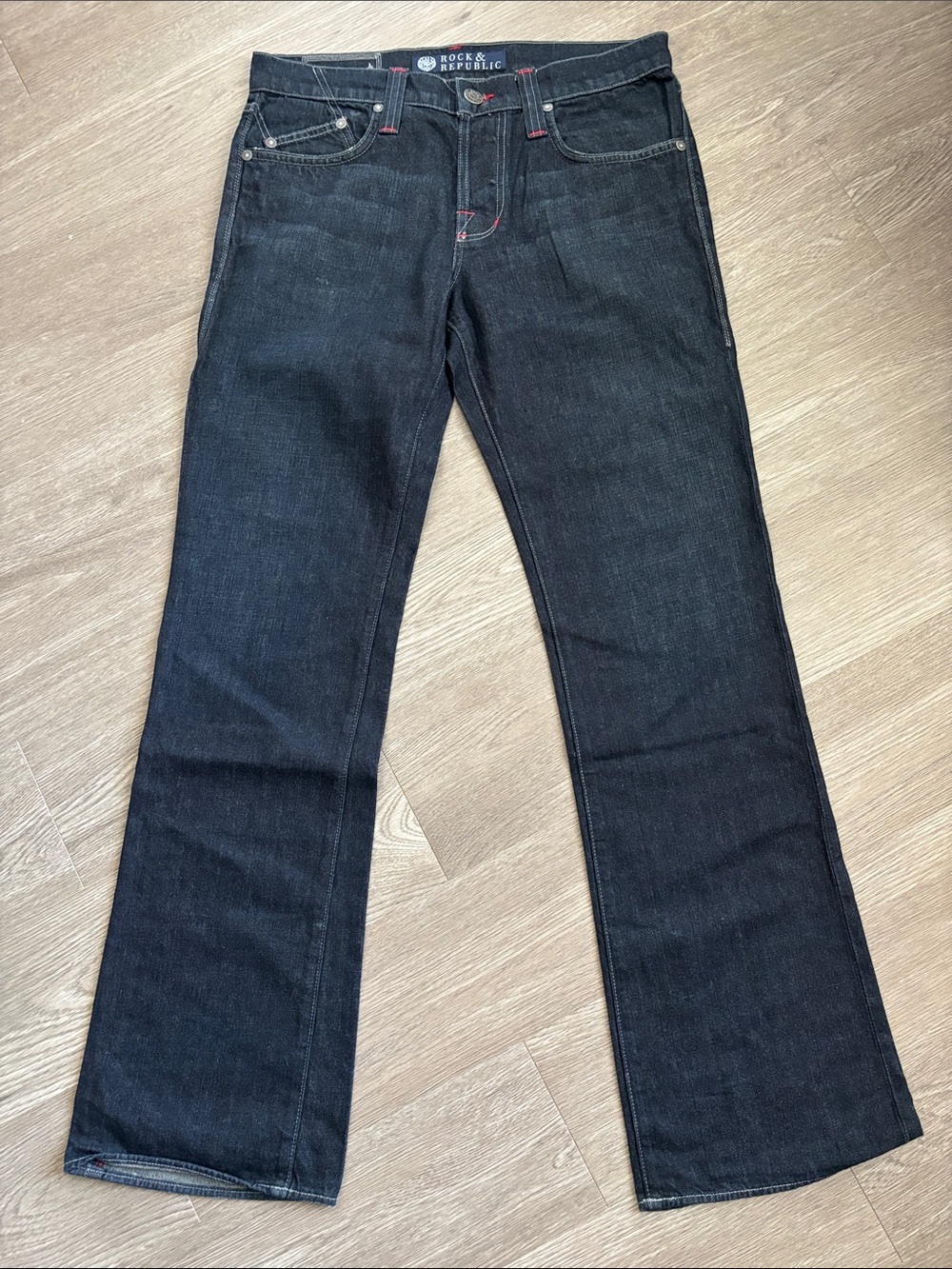 Rock & Republic Dark Indigo Wide Leg Jeans with Subtle Red Stitch